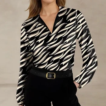 Women's Shirt Blouse Graphic Casual Black Print Long Sleeve Fashion V Neck Regular Fit Spring & Fall