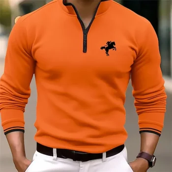 Men's Polo Shirt Quarter Zip Polo Work Daily Wear Quarter Zip Long Sleeve Fashion Comfortable Plain Embroidery Zip Up Spring & Fall Regular Fit Black White Navy Blue Orange Polo Shirt