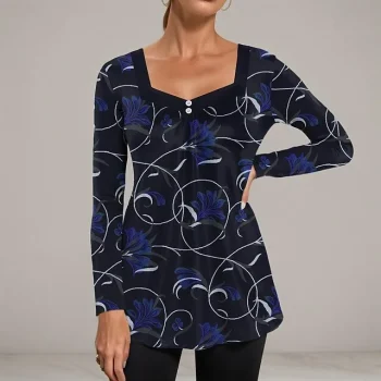 Women's Shirt Blouse Floral Casual Holiday Black Print Button Long Sleeve Fashion Square Neck Regular Fit Spring & Fall