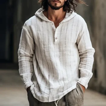 Men's Linen Shirt Hooded Shirt Maroon White Army Green Long Sleeve Stripes Hooded Spring & Fall Holiday Vacation Clothing Apparel