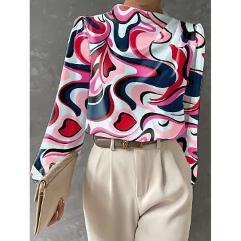 Women's Shirt Blouse Graphic Work Red Blue Orange Print Long Sleeve Fashion Crew Neck Regular Fit Spring & Fall