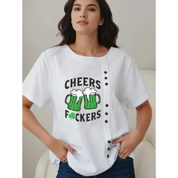 Women's Shirt Blouse 100% Cotton Letter St.Patrick's Day Holiday White Button Print Short Sleeve Fashion Basic Crew Neck Regular Fit Summer
