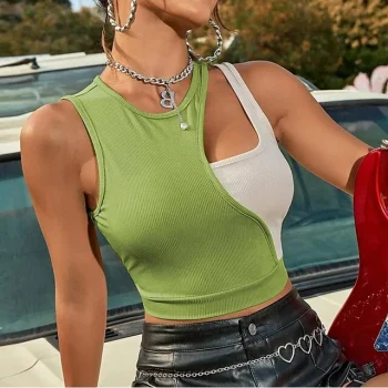 Tank Women's Green Color Block Cut Out Cropped Street Daily Fashion Round Neck Regular Fit S