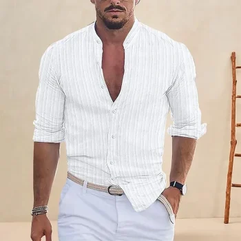 Men's Shirt Linen Shirt Summer Shirt Beach Shirt Black White Pink Long Sleeve Plain Standing Collar Spring & Fall Hawaiian Holiday Clothing Apparel Button-Down
