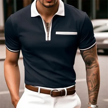 Men's Polo Shirt Zip Polo Outdoor Sports Lapel Quarter Zip Short Sleeve Fashion Modern Color Block Patchwork Zipper Summer Regular Fit Black Polo Shirt