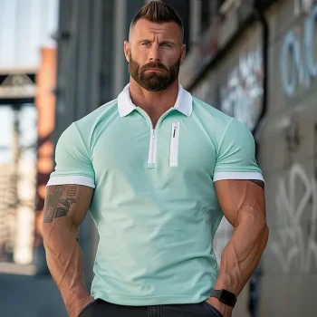 Men's Zip Polo Golf Shirt Casual Fitness Lapel Quarter Zip Short Sleeve Fashion Muscle Solid Color Zipper Pocket Summer Spring Sky Blue Mint Green Zip Polo