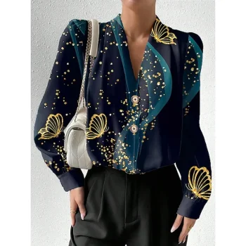 Women's Shirt Blouse Butterfly Work Navy Blue Purple Green Print Button Long Sleeve Fashion V Neck Regular Fit Spring & Fall
