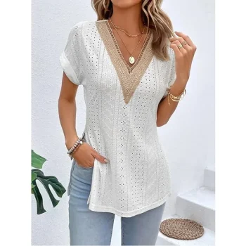 Shirt Blouse Women's Black White Pink Plain Lace Split Street Daily Fashion V Neck Regular Fit S