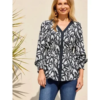 Women's Smocked Blouse Shirt Stain Color Block Feather Print Long Sleeve V Neck Classic Tunic Shirt
