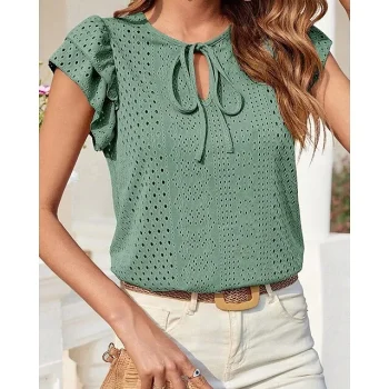 Shirt Blouse Women's Black Pink Blue Solid Color Ruffle Cut Out Street Daily Fashion Round Neck S