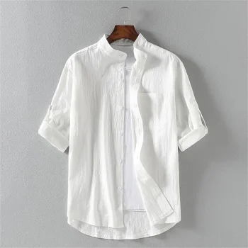Men's Linen Shirt Button Up Shirt Casual Shirt Summer Shirt Beach Shirt T shirt Tee Black White Army Green 3/4 Length Sleeve Plain Standing Collar Summer Hawaiian Holiday Clothing Apparel Button-Down