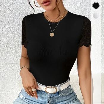 Jumpsuit Women's Black White Plain Lace Patchwork Casual Fashion Round Neck Slim S