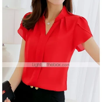 Women's Shirt Blouse White Pink Red Plain Short Sleeve Work Casual Basic Elegant V Neck Regular Slim S