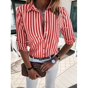 Women's Shirt Blouse Black Blue Striped Patchwork 3/4 Length Sleeve Casual Daily Basic Shirt Collar Long Striped S