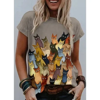 Women's T shirt Tee White Blue Khaki Graphic Cat Print Short Sleeve Going out Weekend Basic Round Neck Regular Cat Painting S