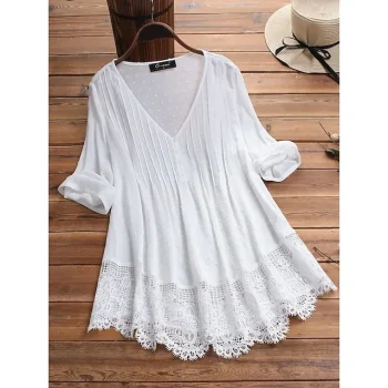Women's Lace Shirt Blouse Tribal Navy Watermelon Red White Lace Flowing tunic 3/4 Length Sleeve Daily Vacation Beach Casual V Neck Loose Fit Spring Fall