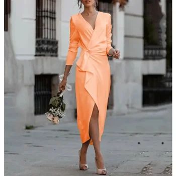 Women's Sheath Dress Church Dress Midi Dress White Wine Orange Long Sleeve Pure Color Ruched Summer Spring V Neck Elegant Party Winter Dress Fall Dress S M L XL XXL