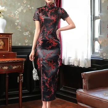 Women's Party Dress Black Dress Sheath Dress Semi Formal Dress Maxi long Dress Wine Gold Short Sleeve Floral Split Summer Spring Fall Mandarin Collar