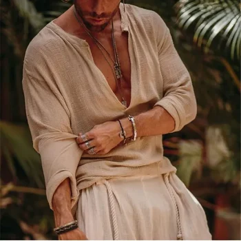 Men's Linen Shirt Shirt Summer Shirt Beach Shirt Green Beige Long Sleeve Solid Color V Neck Summer Spring Outdoor Street Clothing Apparel