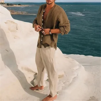 Men's Shirt Linen Shirt Summer Shirt Beach Shirt Brown Long Sleeve Solid Color Crew Neck Summer Spring Outdoor Street Clothing Apparel Button-Down