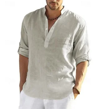 Men's Linen Shirt Shirt Popover Shirt Summer Shirt Beach Shirt Black White Yellow Long Sleeve Solid Color Henley Summer Spring Hawaiian Holiday Clothing Apparel Button-Down