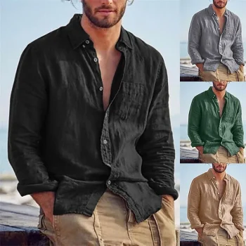 Men's Linen Shirt Shirt Summer Shirt Beach Shirt Black Brown Green Long Sleeve Solid Color Turndown Spring & Fall Outdoor Street Clothing Apparel Button-Down