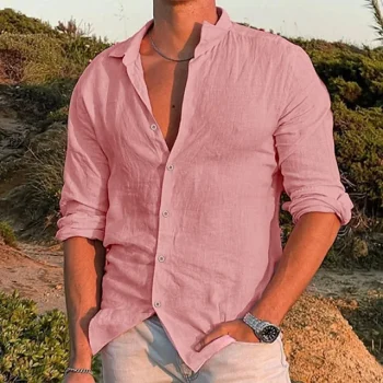 Men's Linen Shirt Shirt Summer Shirt Beach Shirt Black White Pink Long Sleeve Solid Color Turndown Spring & Summer Outdoor Street Clothing Apparel Button-Down