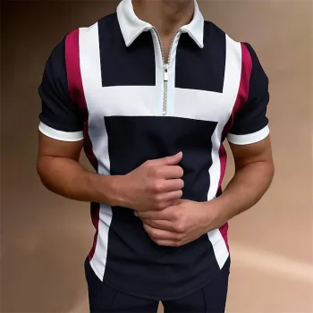 Men's Polo Shirt Quarter Zip Polo Outdoor Street Turndown Quarter Zip Short Sleeve Fashion Casual Striped Zipper Quarter Zip Summer Regular Fit Black Wine Royal Blue Polo Shirt