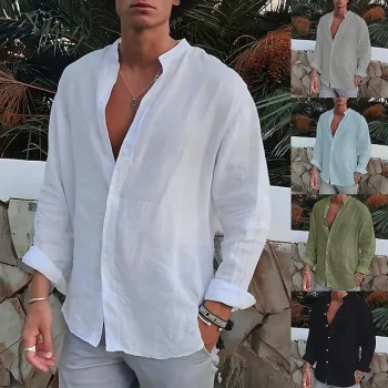 Men's Linen Shirt Shirt Summer Shirt Beach Shirt Black White Navy Blue Long Sleeve Plain Turndown Spring & Fall Outdoor Street Clothing Apparel