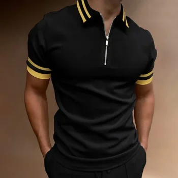 Men's Polo Shirt Quarter Zip Polo Going out golf shirts Turndown Quarter Zip Short Sleeve Sports Designer Vintage Patchwork Zipper Spring & Summer Slim Black Navy Blue Dark Green Polo Shirt