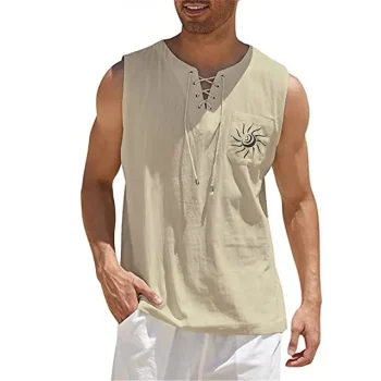 Men's Linen Shirt Shirt Summer Shirt Beach Shirt Black Green Khaki Sleeveless Graphic V Neck Summer Spring Outdoor Street Clothing Apparel Lace up