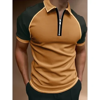 Men's Polo Shirt Quarter Zip Polo Street Casual Turndown Quarter Zip Short Sleeve Fashion Casual Color Block Zipper Quarter Zip Spring & Summer Regular Fit Blue Brown Gray Polo Shirt