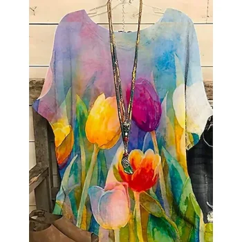 Women's Plus Size T shirt Tee Blouse Floral Graphic Daily Weekend Dolman Sleeve Blue Print Short Sleeve Basic Crew Neck Regular Fit Summer Spring