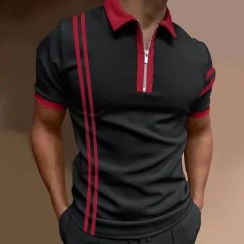Men's Polo Shirt Quarter Zip Polo Going out golf shirts Turndown Quarter Zip Short Sleeve Sports Designer Striped Quarter Zip Spring & Summer Slim Wine Black / Red Black-White Black / Gray White Navy