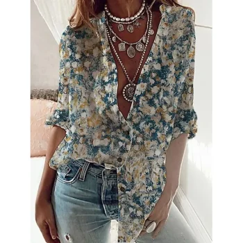 Women's Shirt Tunic Blouse Floral Daily Weekend Blue Print Button Long Sleeve Streetwear Casual Standing Collar Regular Fit Spring Fall