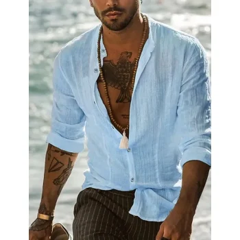 Men's Linen Shirt Summer Shirt Beach Shirt Black White Light Blue Long Sleeve Solid Color Henley Spring & Fall Street Daily Clothing Apparel Button-Down