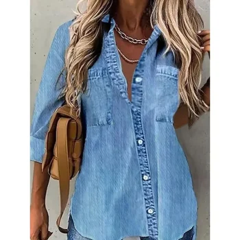 Women's Shirt Blouse Plain Daily Weekend Blue Button Pocket Long Sleeve Streetwear Casual Shirt Collar Regular Fit Spring Fall
