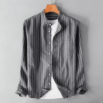 Men's Summer Shirt Beach Shirt Black White Gray Long Sleeve Striped Stand Collar Spring & Fall Street Daily Clothing Apparel Button-Down