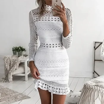 Women's Wedding Guest Dress Homecoming Dress Lace Dress Party Dress Sheath Dress Mini Dress White Long Sleeve Pure Color Lace Winter Fall High Neck Fashion Winter Dress