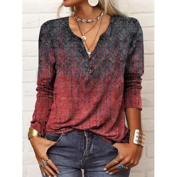 Women's Plus Size Shirt Henley Shirt Blouse Paisley Color Gradient Vintage Black Pink Wine Print Button Long Sleeve Daily Casual V Neck Regular Fit Fall & Winter