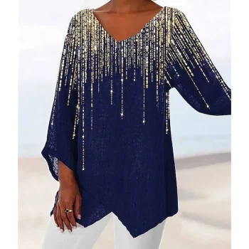 Women's Plus Size T shirt Tee Color Block Color Gradient Daily Going out Weekend Yellow Navy Blue Blue Print Long Sleeve Hawaiian Tunic V Neck Regular Fit Fall Winter Fall & Winter