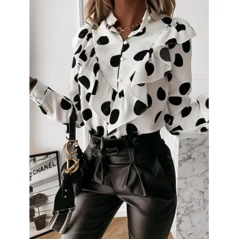 Women's Blouse Round Dots Office pale pinkish gray Black dots black polka dot Ruffle Elegant & Luxurious Regular Fit Spring & Fall