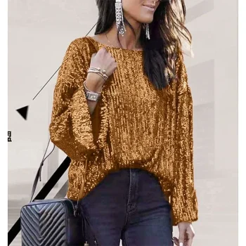 Women's Shirt Blouse Fleece Modal Plain Sparkly Party Christmas New Year Black Wine Purple Sequins Long Sleeve Elegant Vintage Fashion Round Neck Regular Fit Spring Fall