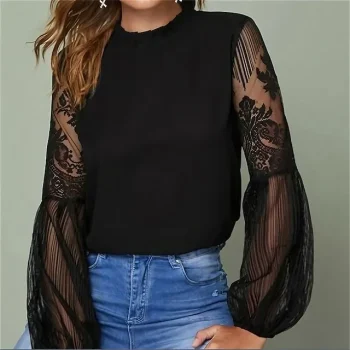 Women's Blouse Solid / Plain Color Party Daily Going out Lantern Sleeve Black Wine Dark Blue Embroidery Classic Lace Sweet Regular Fit Spring & Fall Fall & Winter