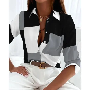 Women's Shirt Blouse Color Block Casual Black Gray Button Print Long Sleeve Basic Shirt Collar Regular Fit Spring Fall