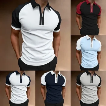 Men's Golf Shirt Going out Gym Turndown Quarter Zip Short Sleeve Sportswear Casual Solid Color Sports Patchwork Zipper Spring & Summer Slim Black / Red Black / Gray Navy Blue Sky Blue Light Grey Dark
