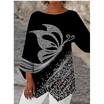 Women's Shirt Blouse Graphic Butterfly Casual Black White Light Grey Print Asymmetric Long Sleeve Basic Round Neck Regular Fit Spring Fall