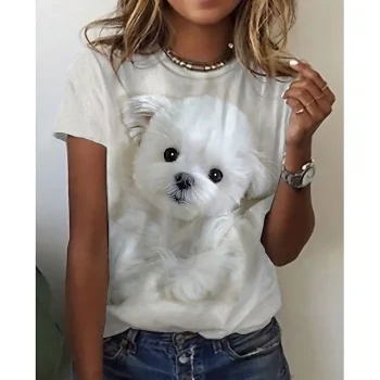 Women's T shirt Tee Dog Daily Weekend Custom Print White Beige Print Short Sleeve Basic Round Neck Regular Fit