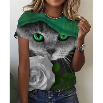 Women's T shirt Tee Black Green Cat 3D Print Short Sleeve Daily Weekend Basic Round Neck Regular 3D Cat Painting S