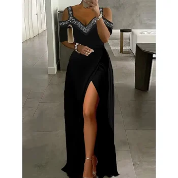Women‘s Party Black Dress Formal Evening Graduation Long Maxi Dress Fashion V Neck Short Sleeve Patchwork Split Pure Color S M L XL 2XL